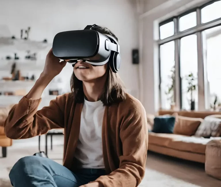 Person, die sich mithilfe einer VR-Brille eine 360-Grad Tour einer Immobilie anschaut.