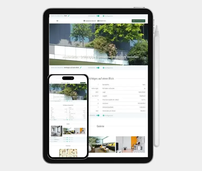 Ein Tablet und ein Smartphone auf dem das interaktive Exposé einer Immobilie von Immoversum24 aufgerufen ist