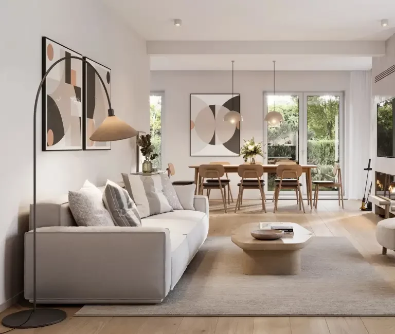 Ein ansprechender Raum, der mit Hilfe von virtuellem Homestaging mit Möbeln versehen wurde